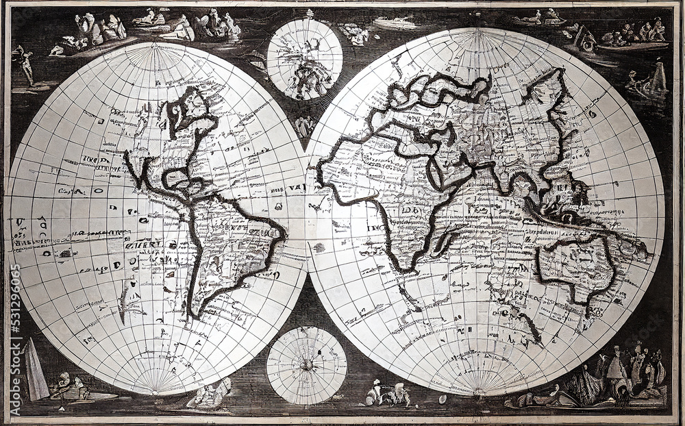 World map in black and white, historical and geographical engraving, witness of an old era