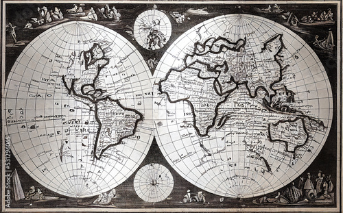 World map in black and white  historical and geographical engraving  witness of an old era