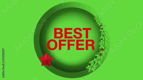 Christmas offer poster banner. Christmas Wreath of Holly Leaves and Berries. Christmas star. Christmas Traditions. Animation