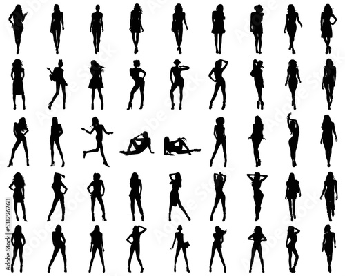 Black silhouettes of beautiful girls in various poses on a white background 