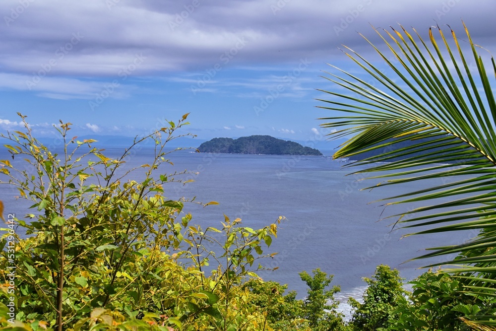 Jaco beach, ocean, city and views, Costa Rica from El Miro Ruins, mansion declared biological corridor, Summer 2022, Central America. Jaco beach, ocean, city and views, Costa Rica from El Miro Ruins, mansion declared biological corridor, Summer 2022, Central America.