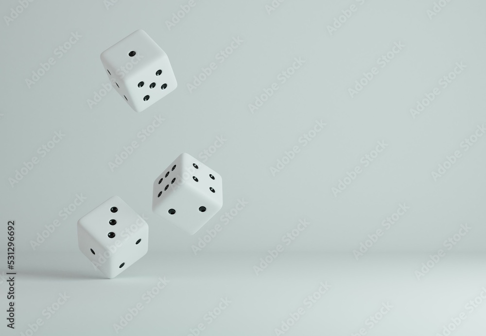 Three falling white dice on a withe background. 3D modern template Three falling white dice on a withe background. 3D modern template