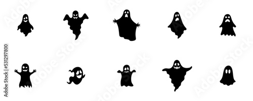Conjunto de iconos de fantasmas espeluznantes de halloween, estilo silueta negro. Fantasmas voladores. Concepto de miedo y terror. Ilustración vectorial photo