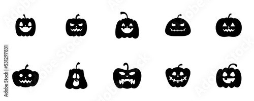 Conjunto de iconos de calabazas de halloween. Colección de caras de calabaza. Concepto de terror, fantasía. Personajes místicos, estilo silueta negro. Ilustración vectorial