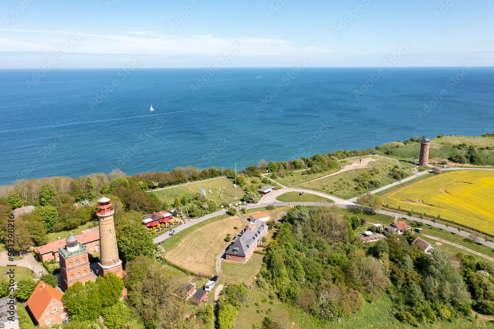 The island Ruegen Germany with many rape fields and lighthouse