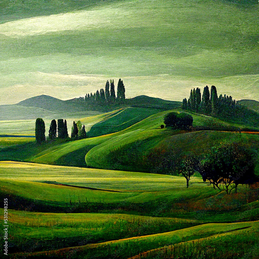 Well known Tuscany landscape with grain fields, cypress trees and houses on the hills at sunset.