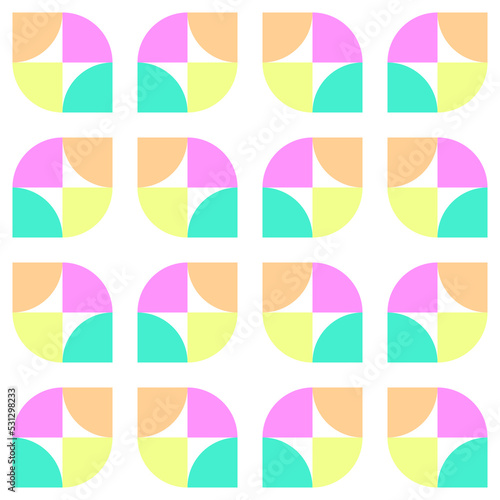 Seamless bauhaus sweet mint vector pattern with purple and yellow simple round shapes and squares for female apparel and kids textile. For wrapping or gift holiday summer or winter paper