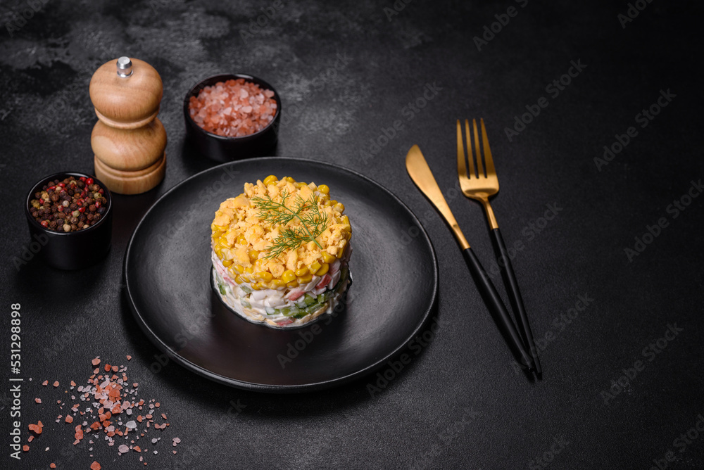 Fresh vegetable salad with corn, pepper, crab, cucumber, eggs and mayonnaise Fresh vegetable salad with corn, pepper, crab, cucumber, eggs and mayonnaise