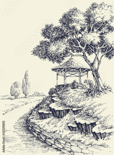 Hand drawn gazebo alley in the park