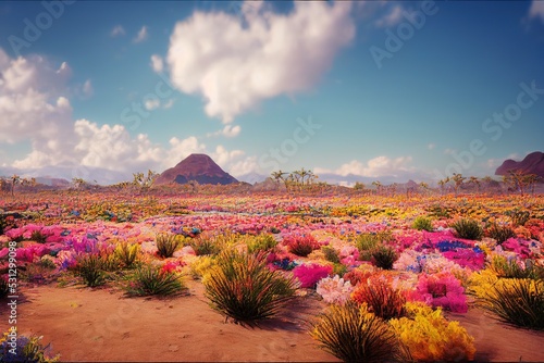 An illustration of a field of vibrant flowers, taking inspiration from the flowering desert in south america. photo