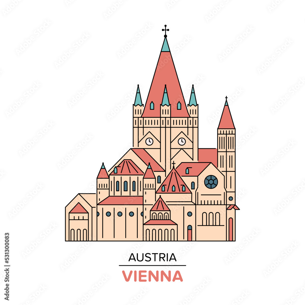The beautiful St. Francis of Assisi Church in Vienna, Austria. Vector outline illustration, white background.