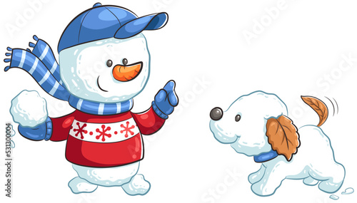 Niedlicher kleiner Schneemann mit Schneehund - Vektor-Illustration