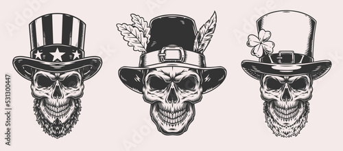 Holiday skulls set monochrome emblems
