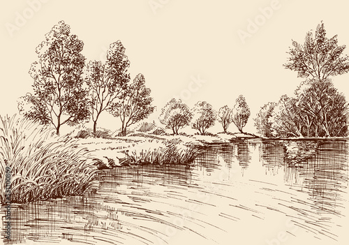 River flow and forest background. Relaxation in nature drawing