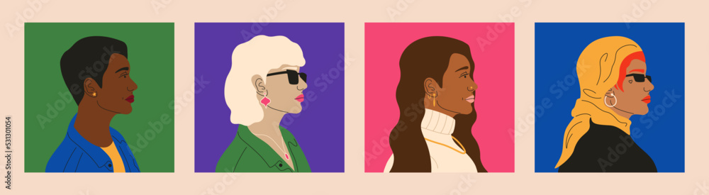Abstract fashion posters set. Young women square portraits, hand drawn female silhouettes, girl faces for blogging. Modern vector art