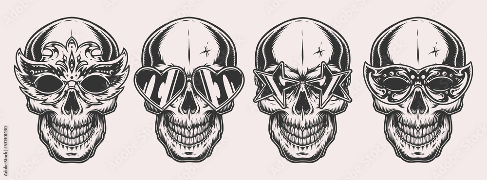 Fototapeta premium Set party skulls logotypes monochrome