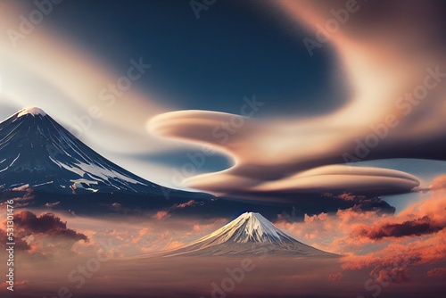 An Illustration of Lenticular Clouds in Japan, Mount Fuji. photo