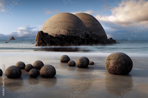 Fotografia An illustration of moeraki boulders in New Zealand