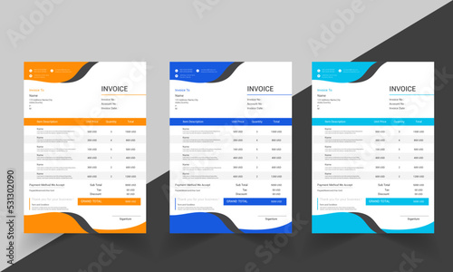 Business invoice form template, Invoicing quotes, money bills or price invoices and payment agreement design templates, Tax form, bill graphic or payment receipt page vector set