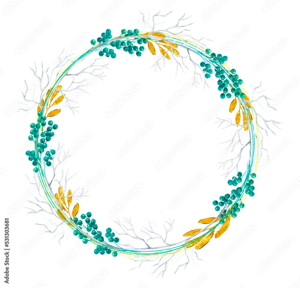 Obraz premium Christmas wreath with white branches and gold leaves 