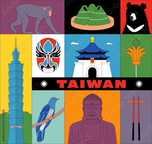 Vector illustration icon set of Taiwan. Zongzi, bear, ghost mask, Memorial Hall, cuckoo, Buddha, food sticks, monkey.