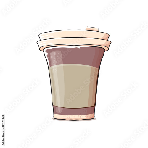 Cartoon Coffee cup isolated on white background . vector coffee paper color cup with hot coffee and color label. Coffee day sticker