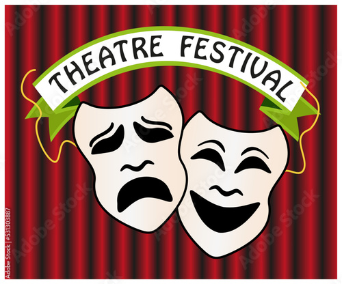 Theatre festival conceptual icons, comedy and tragedy symbols with stage curtain in the background. Theatre masks poster template vector illustration. 