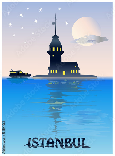 Maiden's Tower (Kiz Kulesi) at Bosphorus, Istanbul Uskudar vector illustration. One of the symbols of Istanbul