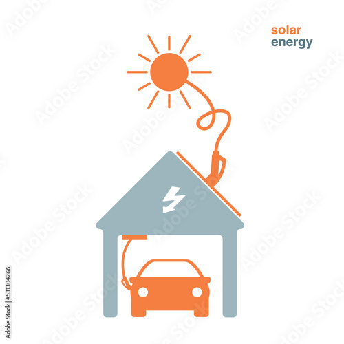 The car is charged in the garage with solar energy. The solar cord is connected to the house.. Solar energy concept