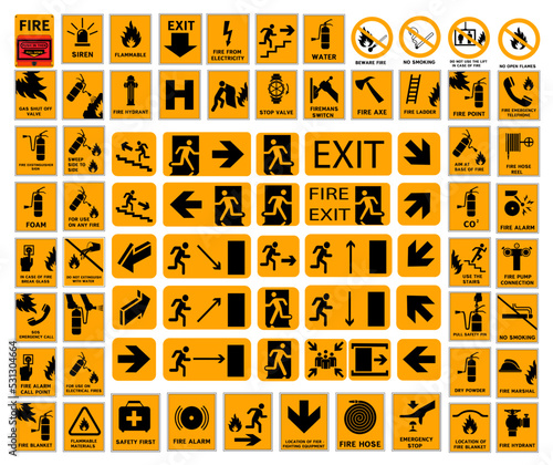 Set of emergency exit and fire safety signs in bright orange. photo