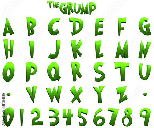 The Grump green cartoon alphabet on transparent background photo