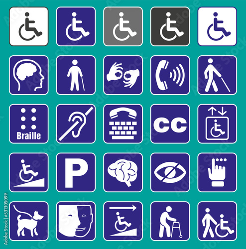 Signs for people with disabilities in blue color. Vector graphics.