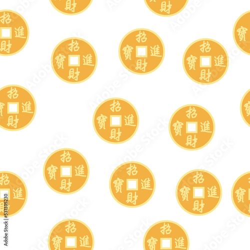 Chinese seamless pattern with feng shui chinese coin with hole, symbol of good luck