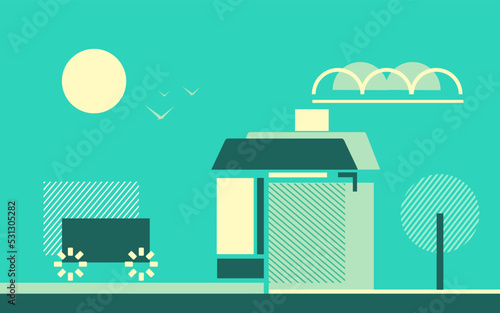 Vector illustration in the cubism style of a rural or country house, next to a car and a tree. Eco friendly concept, life outside the city.