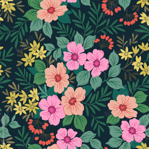 Fototapeta Naklejka Na Ścianę i Meble -  Seamless floral pattern. Beautiful bouquet pink, coral and yellow flowers. Bright flowers on black background in trendy fashion oriental style. Stock vector for prints.