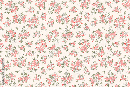 Seamless floral pattern. Ditsy background of small rose pink flowers. Vector pattern. Elegant template for fashion prints. White background. Summer and spring motifs.