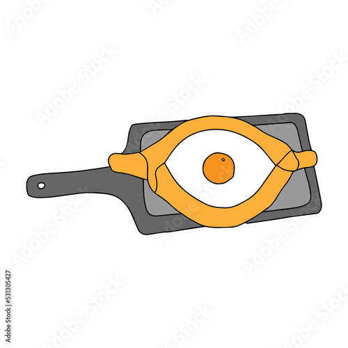 Black hand-drawn vector illustration of one yellow khachapuri on the gray desck isolated on a white background