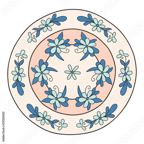 Ceramic painted dish with flower painting. Blue monochrome. Decorative plate. Vector illustration in cartoon style. Objects isolated on white background. Vector isolated icon.