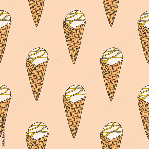 Ice cream. Vector seamless pattern with ice cream waffle cones, popsicle.