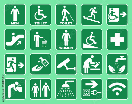 Vector set of building navigation icons in green color. Essential signs.