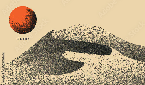 Vector landscape of mountain in dotwork style. Stipple illustration design. Old retro dot texture vintage gradient. Pointillism graphic. Grain terrain wallpaper.