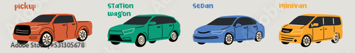 Set of various types of car bodies: pickup, station wagon, sedan, minivan. Hand drawn colored Vector illustrations.