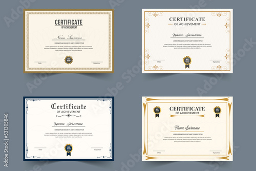 Clean modern certificate template set with golden badge and border, diploma vector template © pixeness