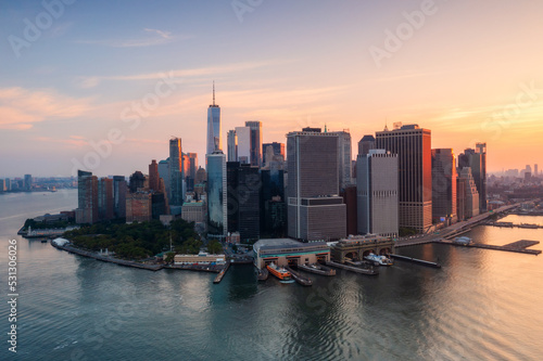 Aerial view of Financial District at sunrise