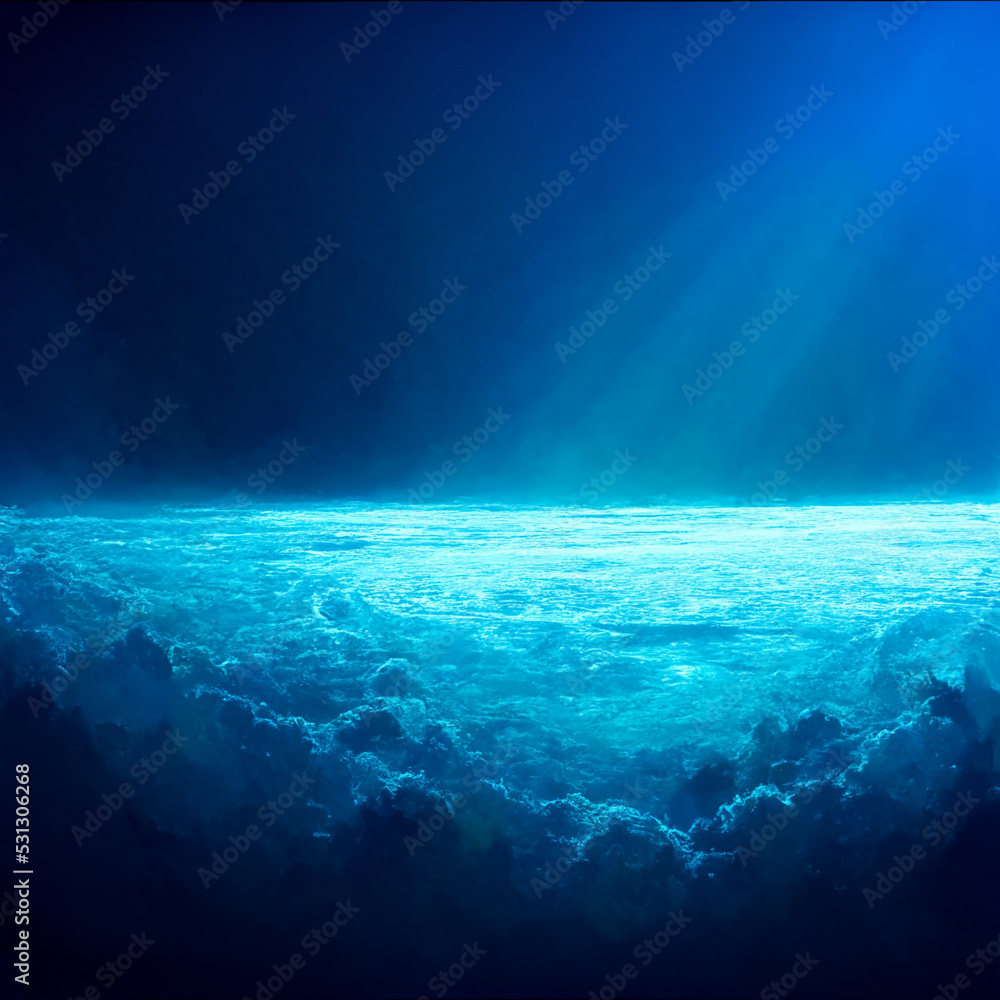 An illustration showing a blue background showing the cosmos and atmosphere