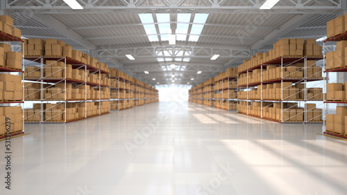 Warehouse hall with boxes and orders. Industrial interior of the hall with lighting. Logistics distribution industrial interior with gates. The work of the marketplace. Distribution center