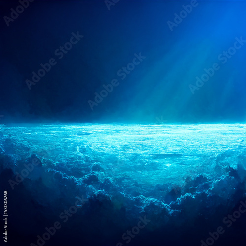 An illustration showing a blue background showing the cosmos and atmosphere