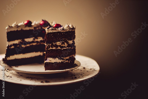 black forest cake served on a white plate, generative ai photo