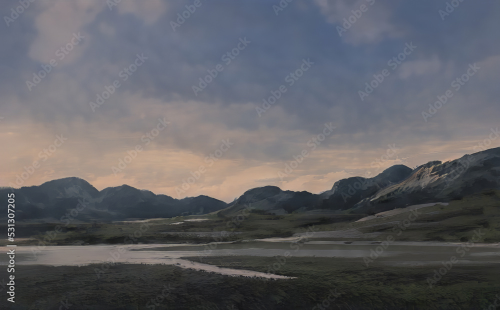 Fantastic Epic Magical Landscape of Mountains. Summer nature. Mystic Valley, tundra, forest. Gaming assets. Celtic Medieval RPG background. Rocks and grass. Beautiful sky and clouds. Lake and river	