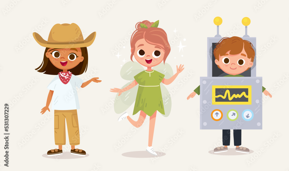 Small children dressed up in farmer, cowboy, robot, fairy, fey, nymph costume standing in various poses isolated vector illustration. New look for kids costume party.Dressing up for party, carnival